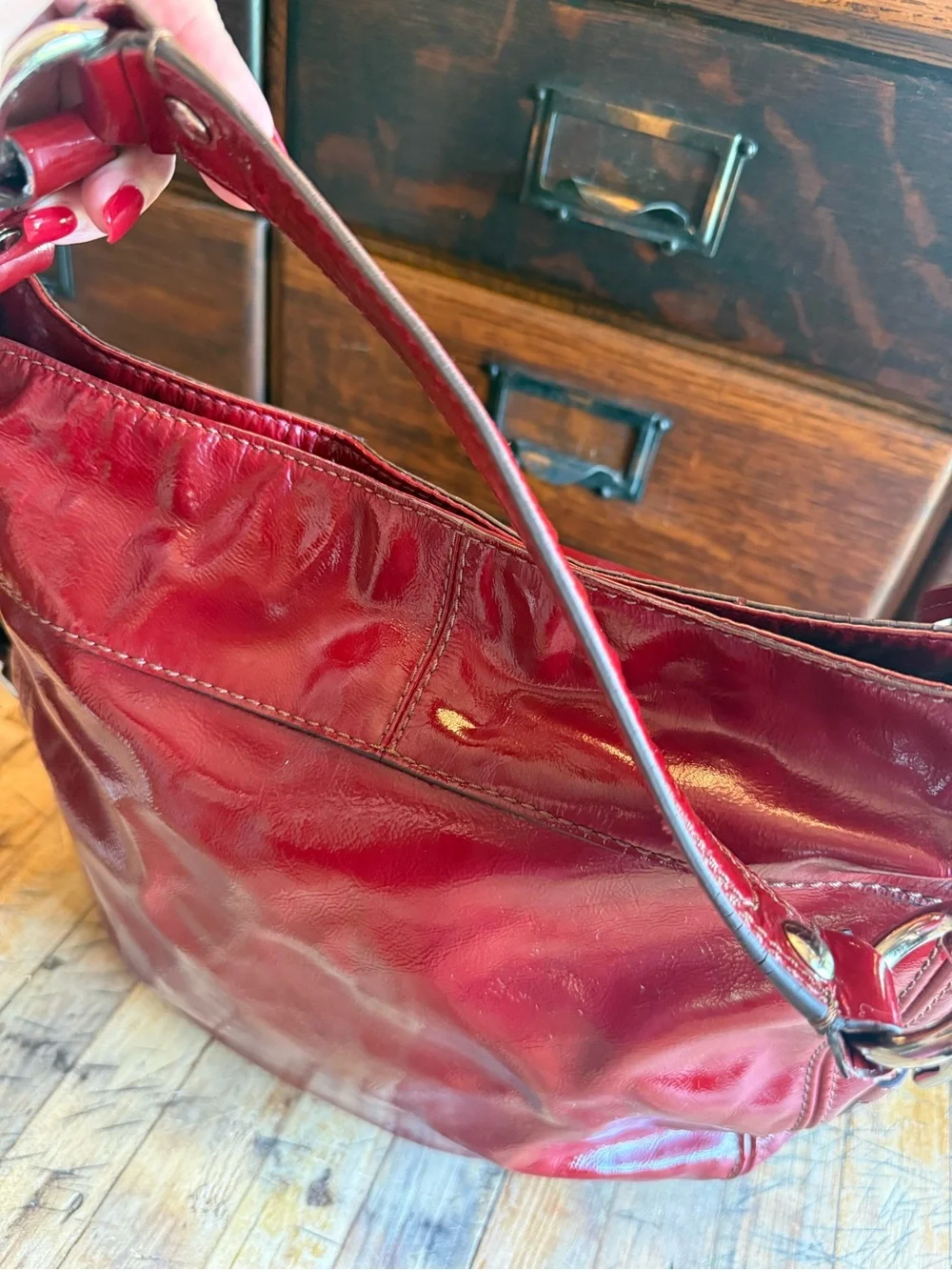 Coach Red Patent Leather Shoulder Bag with Silver Hardware